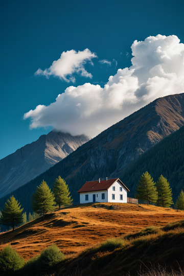 山间小屋与自然风光景象
