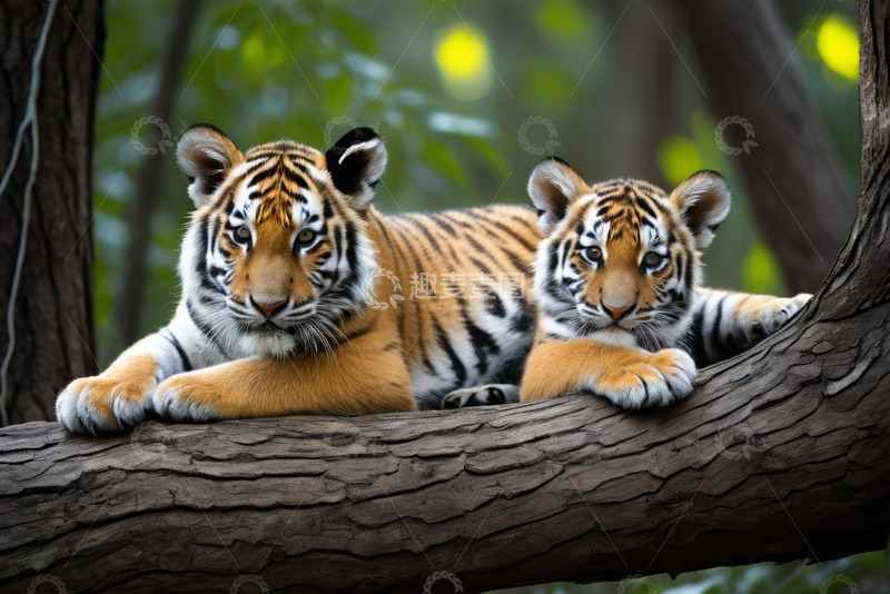 高清大图下载【趣麦麦图】树枝上休憩的两只老虎