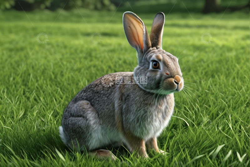 高清大图下载【趣麦麦图】草地上的灰色兔子