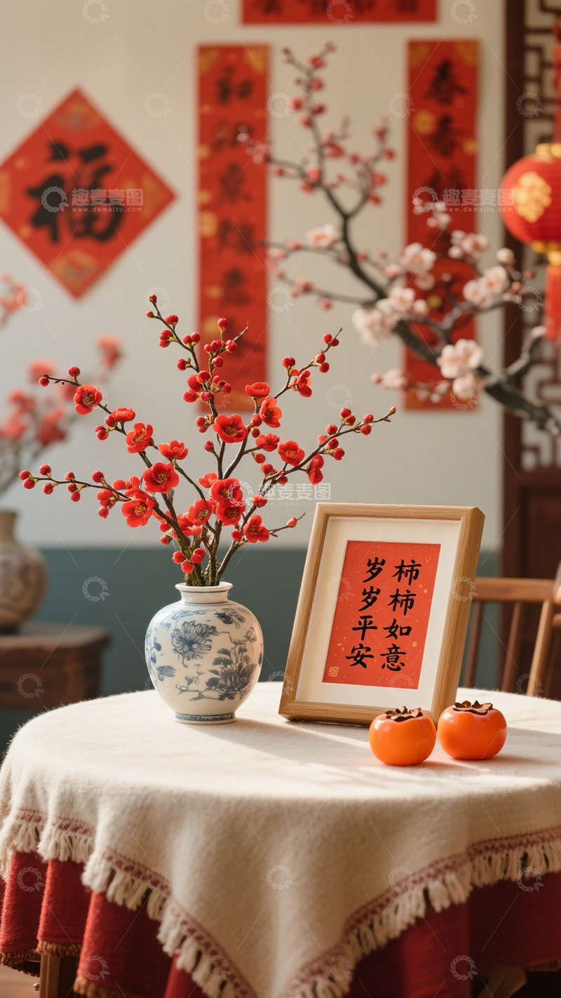 高清大图下载【趣麦麦图】春节喜庆装饰花卉柿子布置