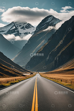 山间公路与远处雪山风景