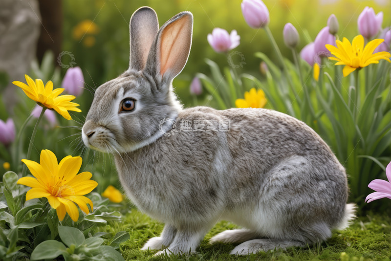 高清大图下载【趣麦麦图】花丛中的灰色兔子