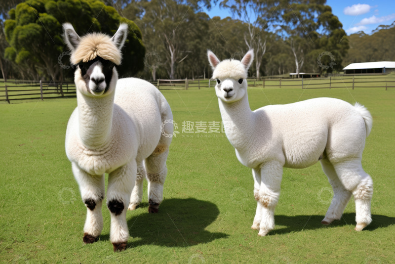 高清大图下载【趣麦麦图】草地上站立的两只羊驼