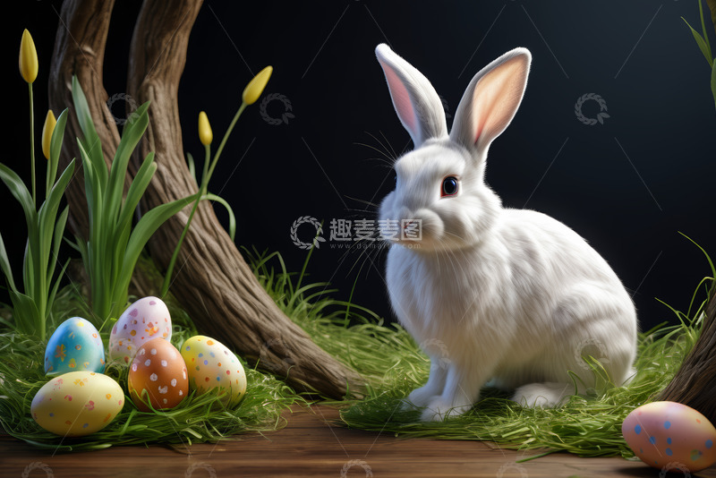 高清大图下载【趣麦麦图】复活节白兔与彩蛋静物素材