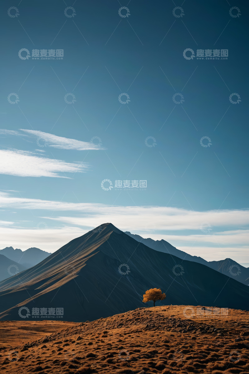 高清大图下载【趣麦麦图】旷野中的孤树与远山风景