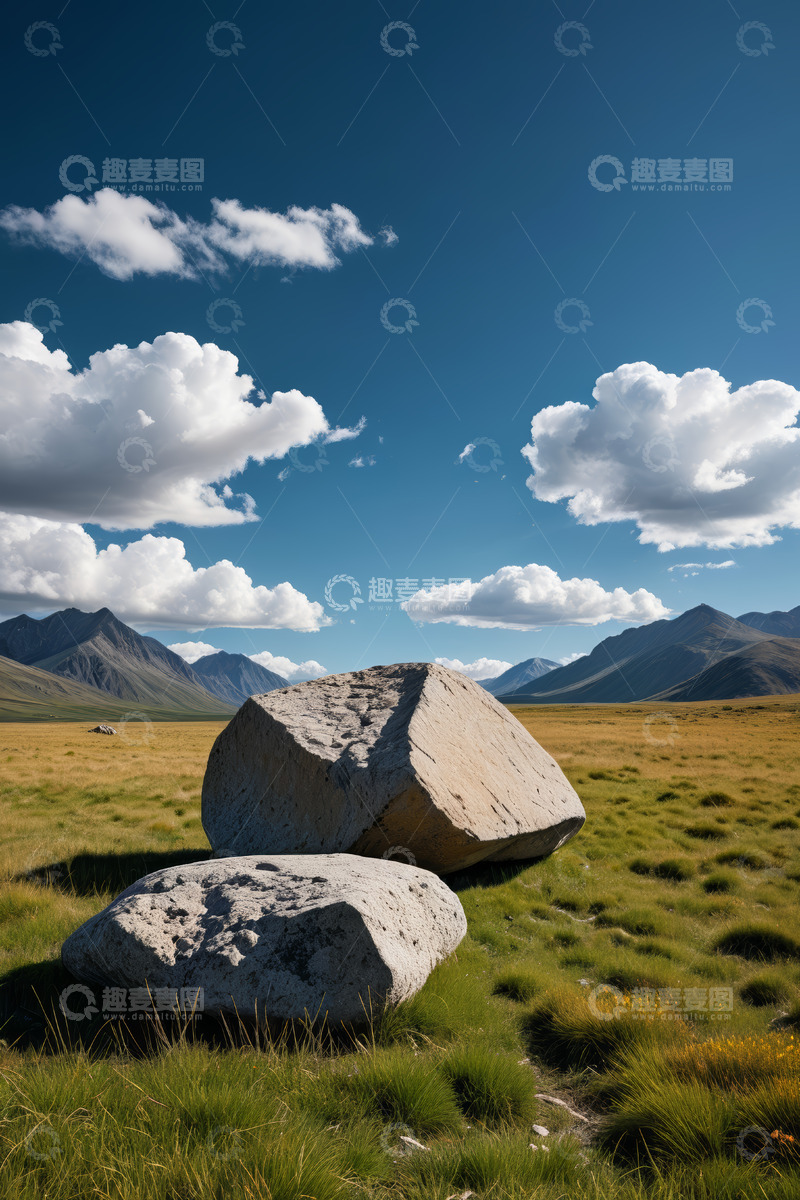 高清大图下载【趣麦麦图】草原巨石与远山蓝天白云景象