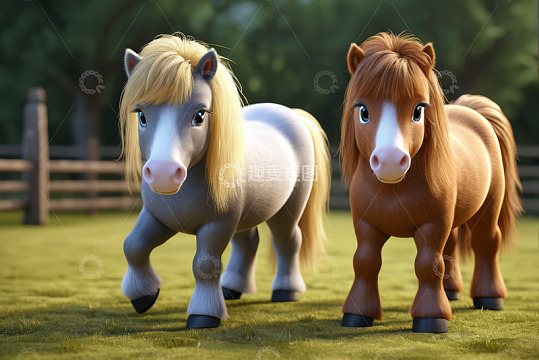 草地上的两只卡通小马