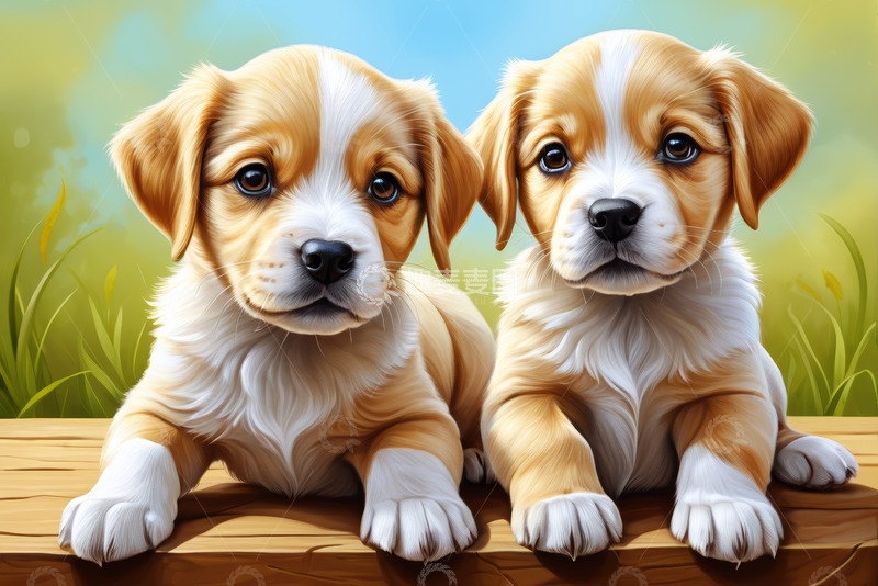 高清大图下载【趣麦麦图】两只可爱小狗趴坐场景