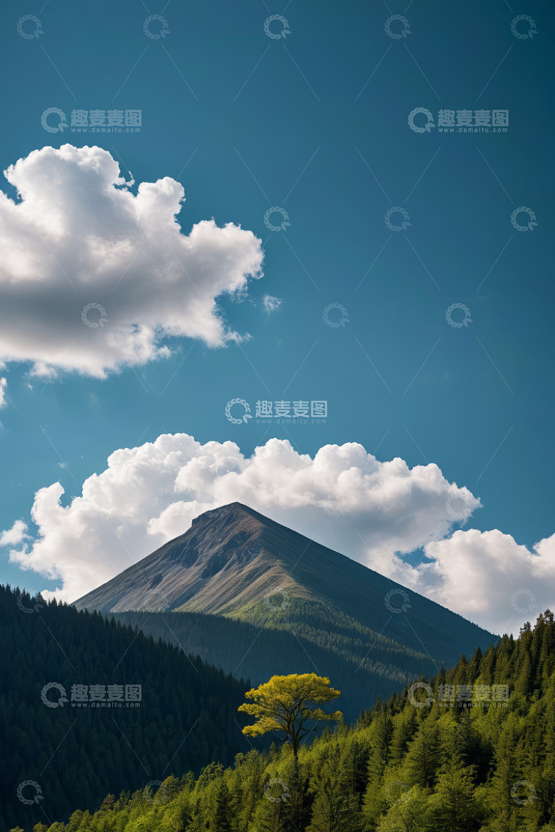 蓝天白云下的山林与山峰景观