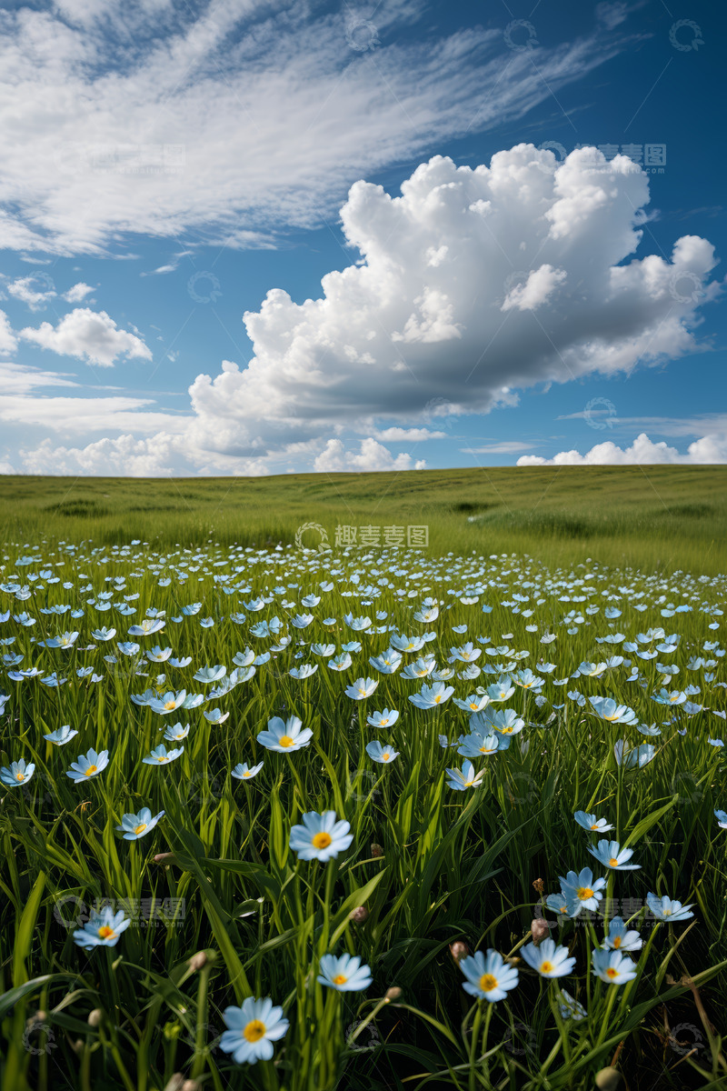 高清大图下载【趣麦麦图】草原上盛开的蓝色小花与蓝天白云