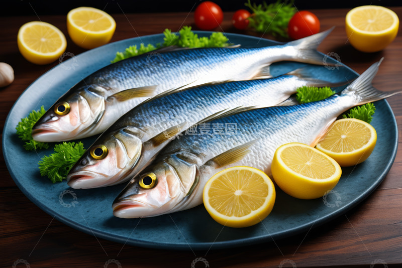 高清大图下载【趣麦麦图】蓝色盘子上的新鲜海鱼