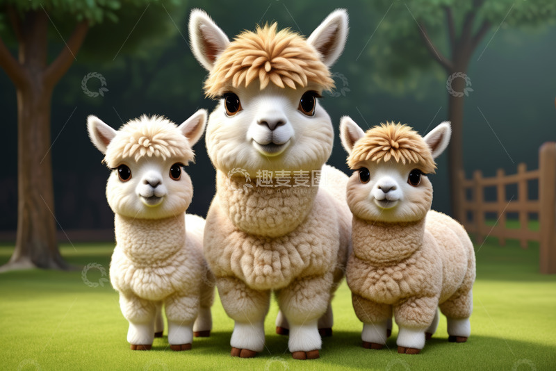 高清大图下载【趣麦麦图】三只可爱羊驼站在草地上