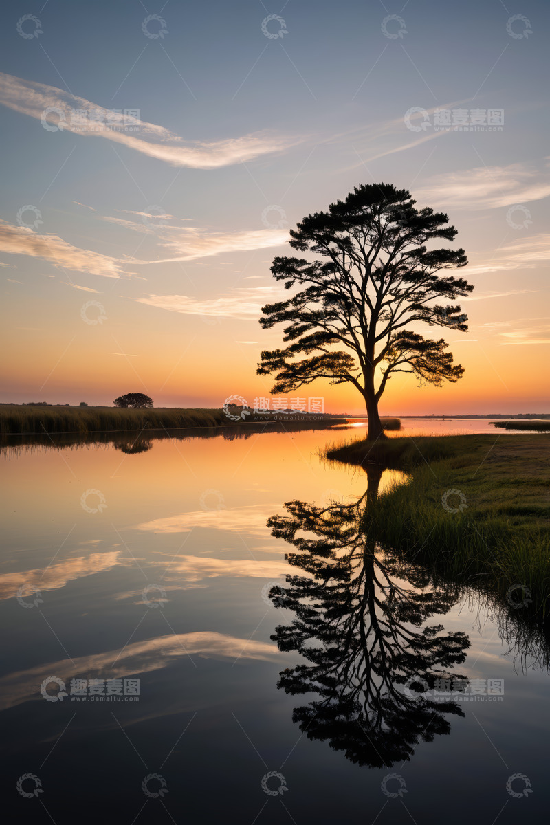 高清大图下载【趣麦麦图】湖畔孤树夕阳倒影景观