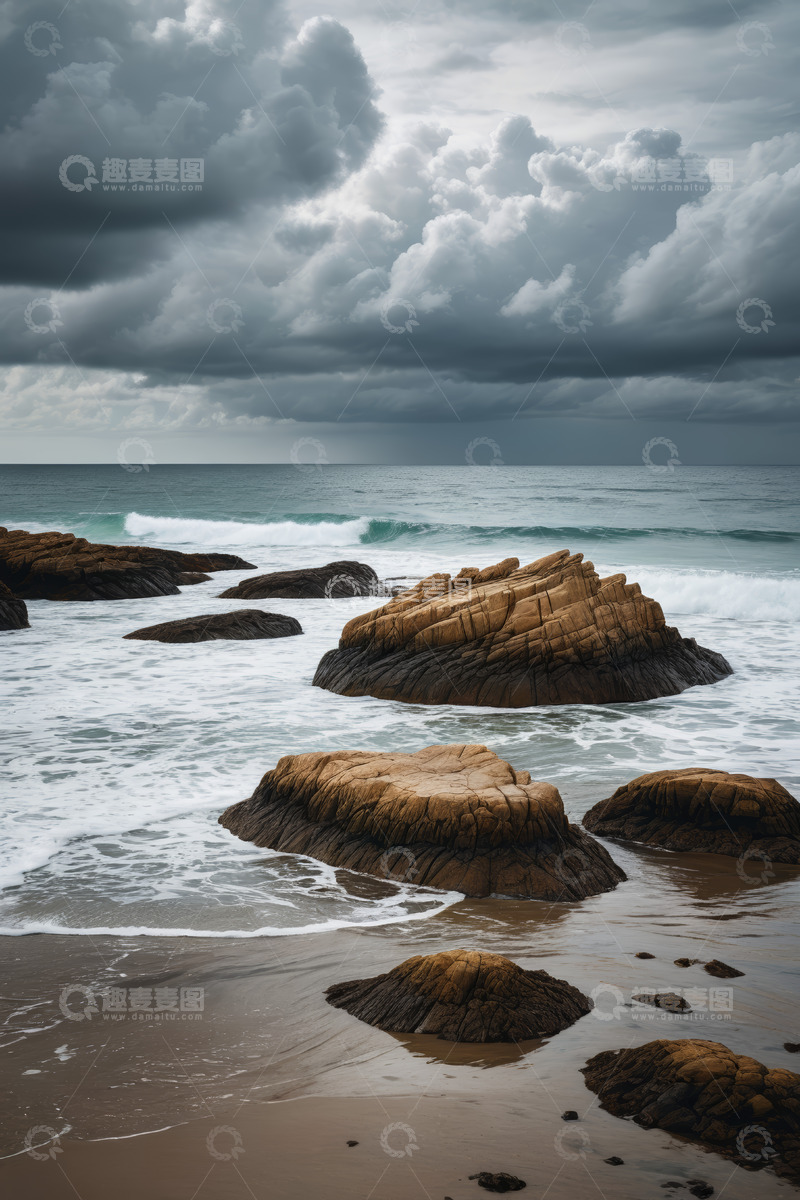 高清大图下载【趣麦麦图】海滩上乌云下的海浪与岩石