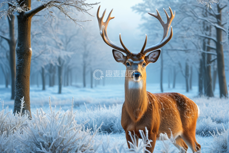 高清大图下载【趣麦麦图】雪林中的鹿特写