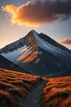 夕阳下的雪山与山间小径