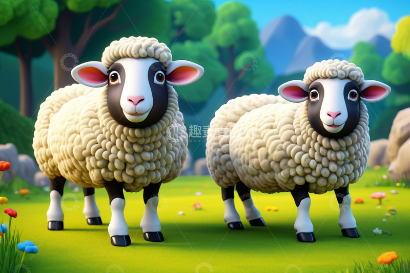高清大图下载【趣麦麦图】田园中站立的两只卡通绵羊
