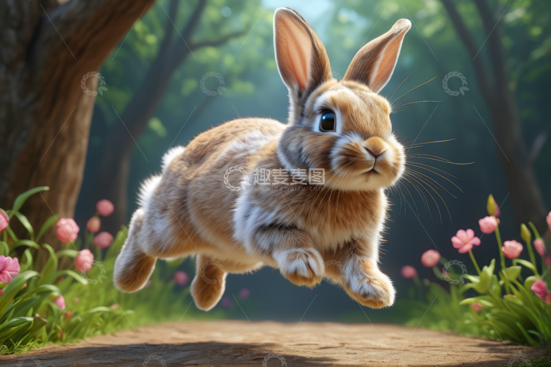 高清大图下载【趣麦麦图】森林中跳跃的可爱兔子