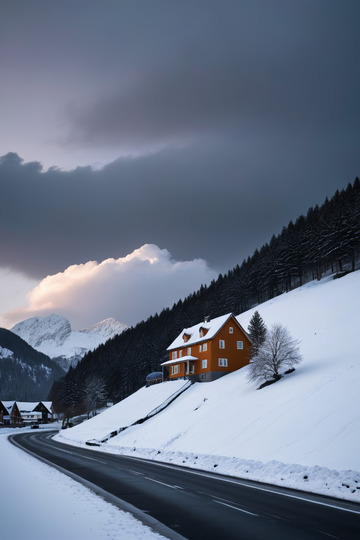 雪山下公路旁的橙色小屋