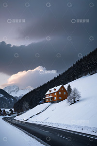 雪山下公路旁的橙色小屋