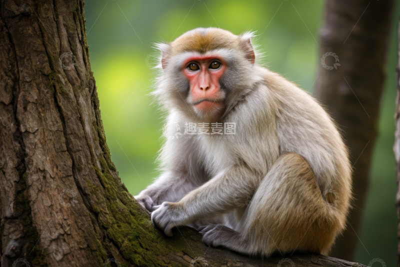 高清大图下载【趣麦麦图】树旁坐立的猴子特写