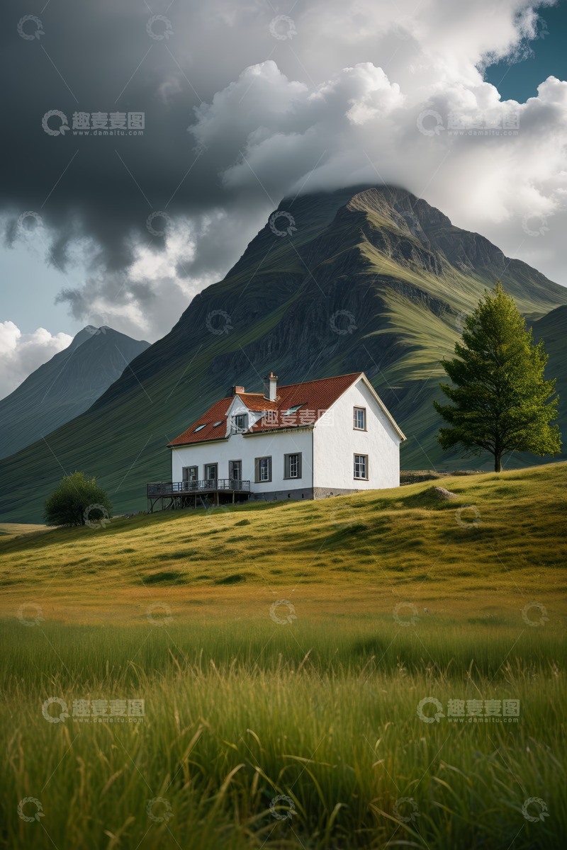 高清大图下载【趣麦麦图】山间草地旁的独栋房屋