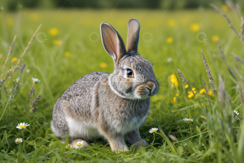 高清大图下载【趣麦麦图】草地上的灰色兔子特写