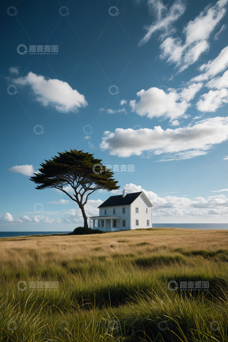 高清大图下载【趣麦麦图】原野上的独栋房屋与孤树