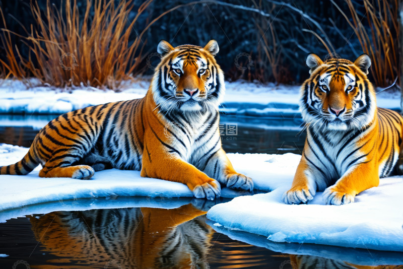 高清大图下载【趣麦麦图】雪地中休憩的两只老虎