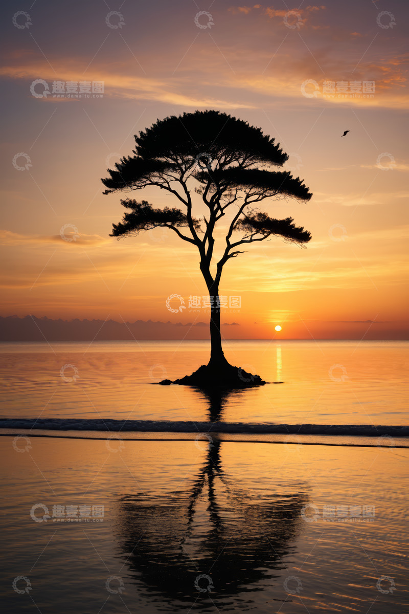 高清大图下载【趣麦麦图】海边落日下的孤树景观