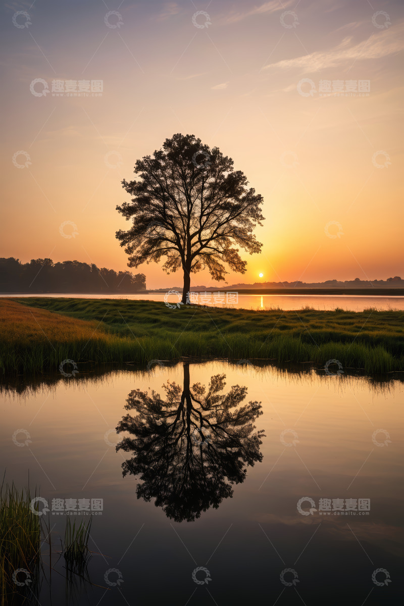 高清大图下载【趣麦麦图】湖畔孤树日落自然风光