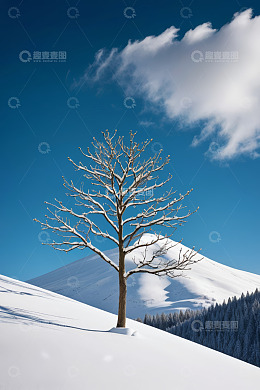 雪中山坡上的孤树