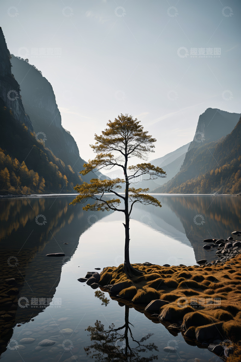 高清大图下载【趣麦麦图】湖畔孤树与山水倒影景观