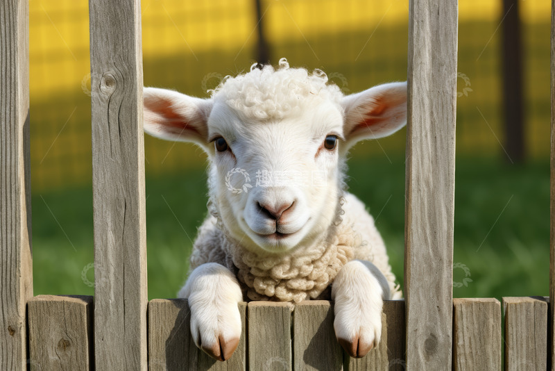 高清大图下载【趣麦麦图】小羊探头张望木栅栏