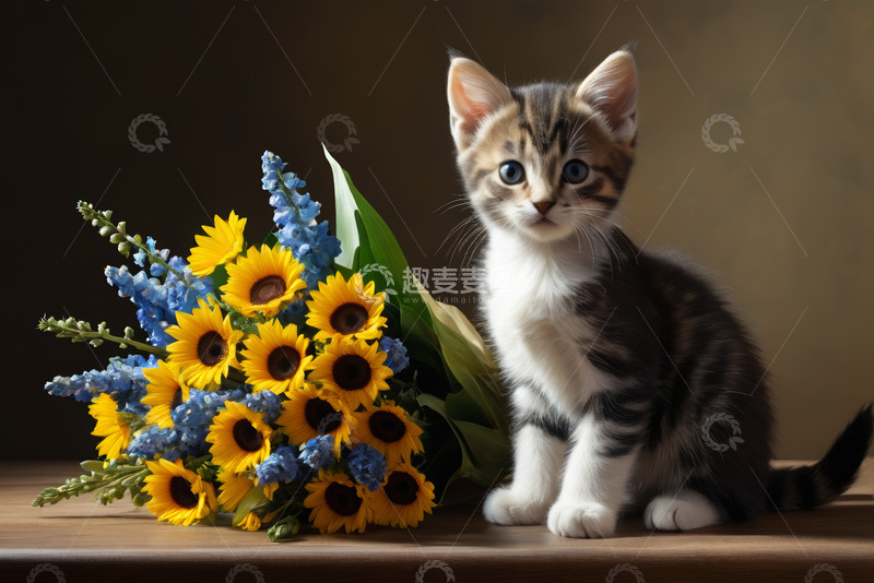 高清大图下载【趣麦麦图】小猫与向日葵花束静物场景