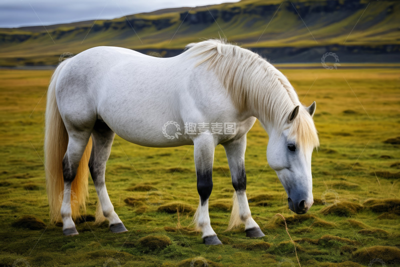 高清大图下载【趣麦麦图】草原上的白马低头吃草