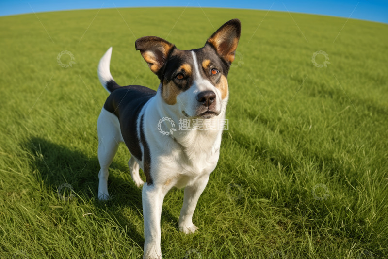 高清大图下载【趣麦麦图】草地上站立的三色小狗
