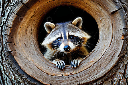树洞中探头的浣熊