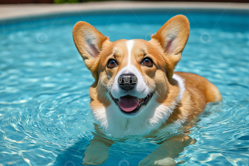 高清大图下载【趣麦麦图】泳池中游泳的柯基犬