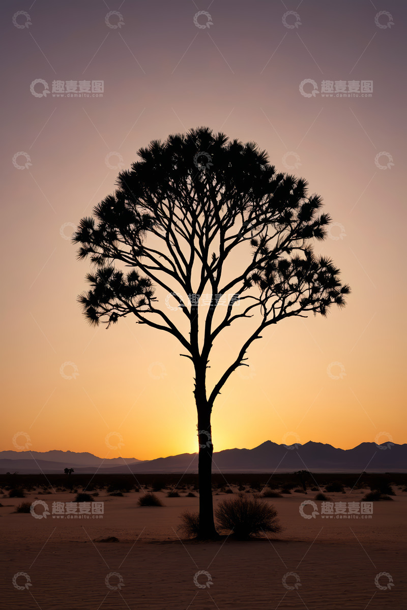 高清大图下载【趣麦麦图】沙漠中落日下的孤树