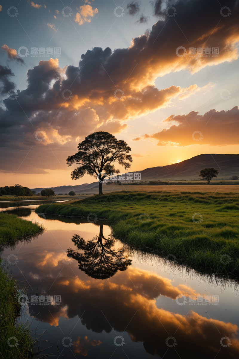高清大图下载【趣麦麦图】田野河流边的落日孤树景观
