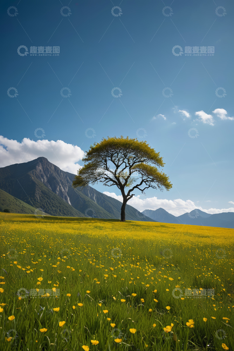 高清大图下载【趣麦麦图】草原上的孤树与黄色花海