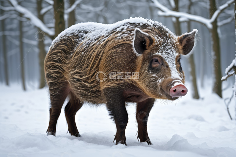 高清大图下载【趣麦麦图】雪地中站立的野猪