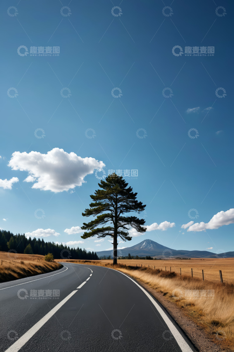 高清大图下载【趣麦麦图】公路旁孤树与远山风景