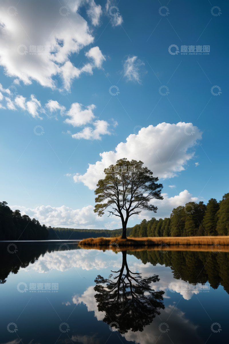 高清大图下载【趣麦麦图】湖畔孤树与蓝天白云倒影