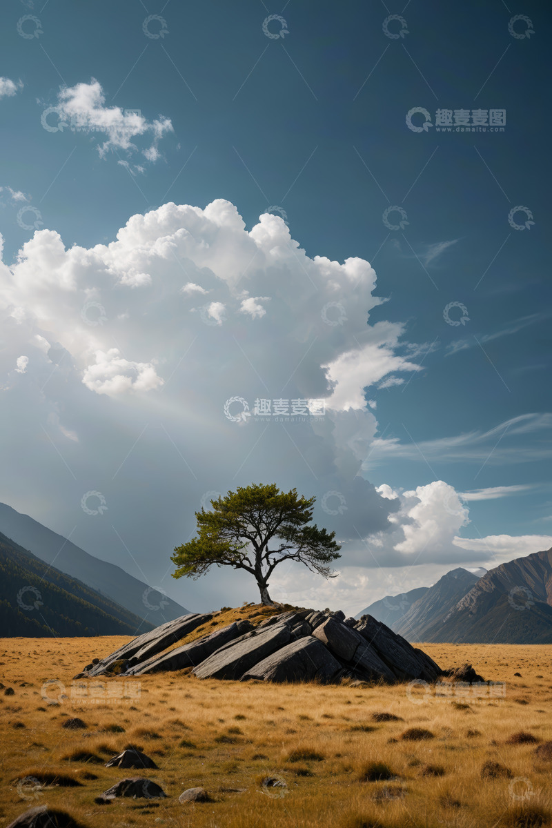 高清大图下载【趣麦麦图】旷野孤树与远山白云景观