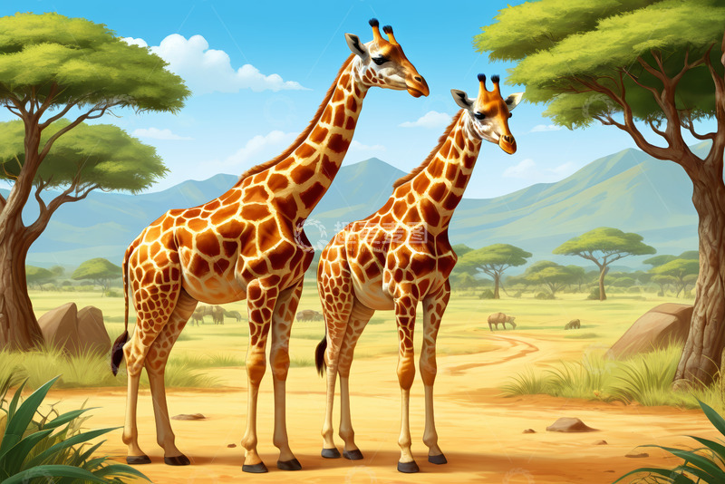 高清大图下载【趣麦麦图】非洲草原上的两只长颈鹿