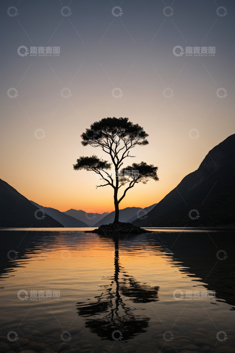 高清大图下载【趣麦麦图】湖畔孤树日落景致