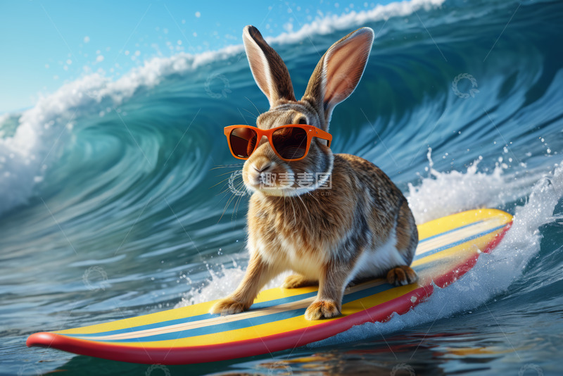高清大图下载【趣麦麦图】戴墨镜兔子在海上冲浪