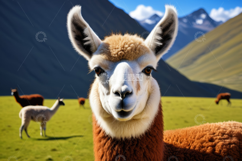 高清大图下载【趣麦麦图】草地上的羊驼特写